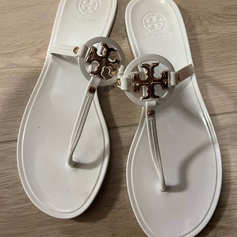 Tory Burch White Sandals with Gold Accents
